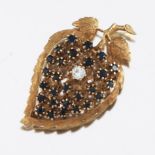 Ladies' 3D Gold, Diamond and Blue Sapphire Leaf Pin/Brooch/Slider