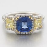 Ladies' Platinum Ring, 2.05 Ct Natural Blue Sapphire, Fancy Yellow Diamond and White Diamond, Londo