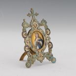 French Champleve Enamel d'Ore Bronze and Porcelain Miniature Devotional, ca. 19th Century