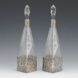 Pair of German Etched Glass Decanters with Silver Mounts, ca, 19th Century