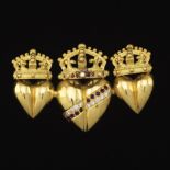 Gold, Ruby and Diamond "Three Crowned Sacred Hearts" Pin/Brooch