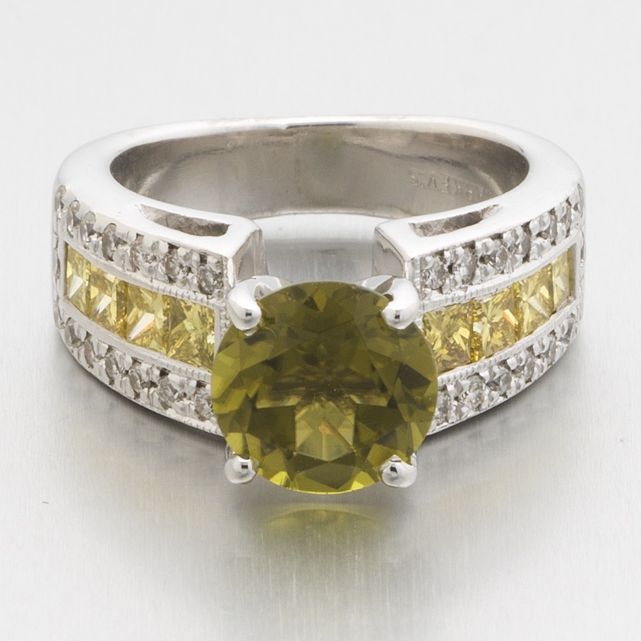 Ladies' Barkev's Gold, Peridot, Fancy Yellow Diamond and White Diamond Cocktail Ring
