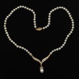 Ladies' Two-Tone Gold, Diamond and Pearl "V" Shape Necklace