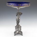 French Empire Style Silver Plated Figural Centrepiece Pedestal Bowl with Cobalt Blue Glass Insert,