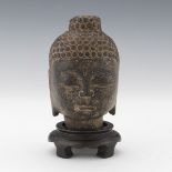Chinese Carved Stone Buddha Head, on Wood Stand, ca. Qing Dynasty, ca. Late 19th Century