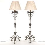 Antique Louis XIII Style Pair of Wrought Iron and Bronze Three-Light Torchieres with Shades