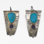 Artisan Pair of Egyptian Revival Gold, Sterling Silver, Turquoise and Lapis Lazuli Earrings