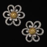 Ladies' Two-Tone Gold, Fancy Yellow and White Diamond Floral Pair of Earrings