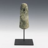 Chinese Hogshaqn Culture Carved Green Jade Axe Head, ca. 3000 CE, on Iron Presentation Stand