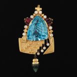 Artisan Carved Gemstone and Gold Pendant