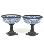 Pair of Large Patinated Bronze and Porcelain Blue and White Pedestal Bowls/JardiniÃ¨res
