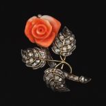 Exquisite Georgian/Victorian Gold Topped with Silver, Carved Coral and Rose Cut Diamond Pin/Brooch/