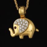 Ladies' Gold, Diamond and Ruby Elephant Pendant on Parisian Wheat Chain