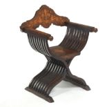 Victorian Renaissance Revival Carved Marquetry Dantesca Chair, ca. 19th Century