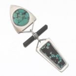 Artisan MBG Sterling Silver, Turquoise and Green Tourmaline Crystal Pendant