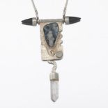 Artisan Owen Sterling Silver, Onyx, Druzy Quartz, Quartz and Moonstone Pendant on Chain