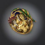 Italian Lion 18k Gold Brooch with Enameling, Diamonds and Rubies