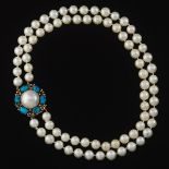 Ladies' Double Strand Pearl, Turquoise and Diamond Clasp