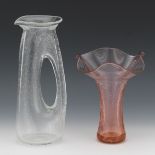 Blenko Art Glass Pink Ruffled Vase and Clear Glass Snow Flake Ewer
