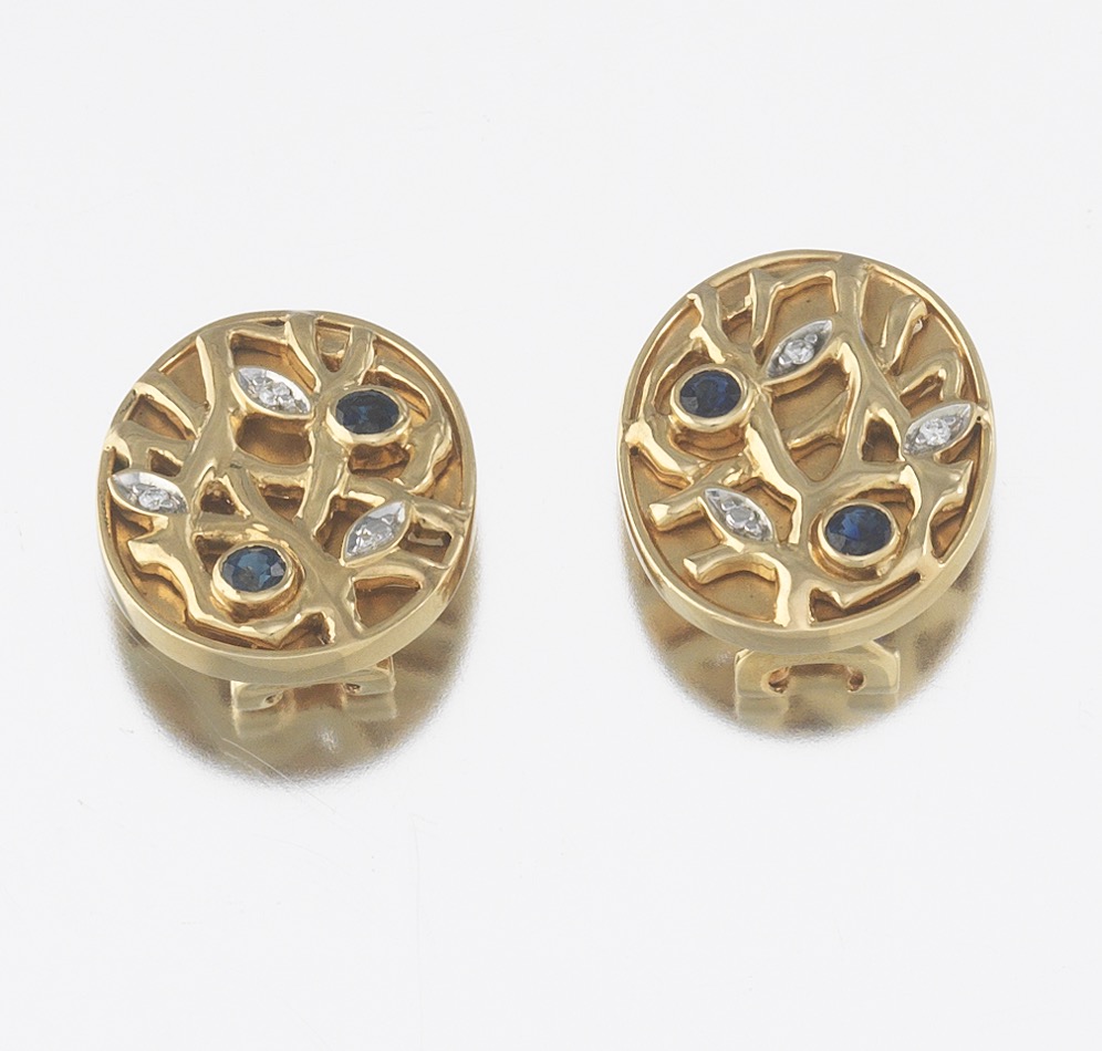 Pair of Gold, Sapphrie and Diamond Oval Foliate Earrings - Image 3 of 7
