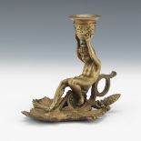 French d'Ore Bronze Egyptian Revival Chamber Candleholder, after Victor Paillard, ca. 19th Century