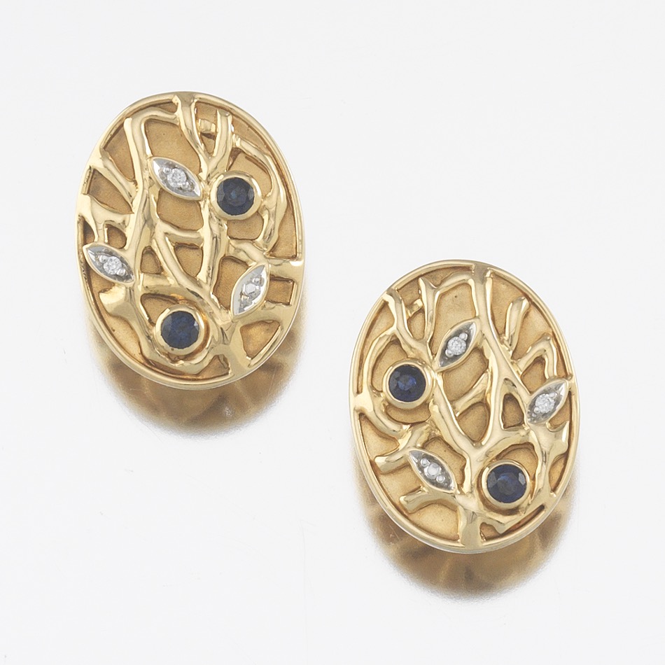 Pair of Gold, Sapphrie and Diamond Oval Foliate Earrings