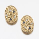 Pair of Gold, Sapphrie and Diamond Oval Foliate Earrings