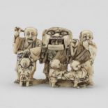 Japanese Walrus Tusk Signed Articulated Netsuke/Okimono of Protection Against Evil Spirits Grouping