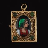 French Gold, Enamel and Green Jade Filigree Locket Pendant