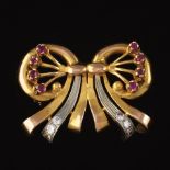 Retro Gold, Ruby, and Diamond Bow Brooch