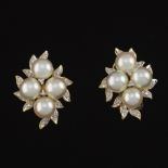 Ladies' Gold, Pearl and Diamond Pair of Earrings