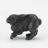 Japanese Patinated and Silvered Bronze Signed Netsuke of a Hare