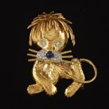 Van Cleef & Arpels Style Gold, Blue Sapphire and Diamond Recumbent Lion Pin/Brooch