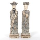 Chinese Large Carved Bone Overlay Statues of Emperor and Empress, Qianlong Marks