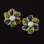 Ladies' Italian Gold Pair of Guilloche Enamel and Diamond Floral Ear Clips