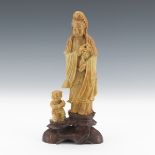 Chinese Carved Stone of Goddess Guanyin with Attendant on Lotus Stand