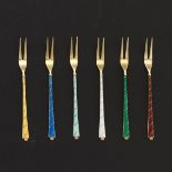 Danish Parcel Gilt Sterling Silver and Guilloche Enamel Set of Six Strawberry Forks, in Presentatio