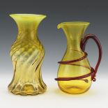 Blenko Vintage Art Glass Swirl Amber Vase and Amber and Red AppliquÃ© Ewer