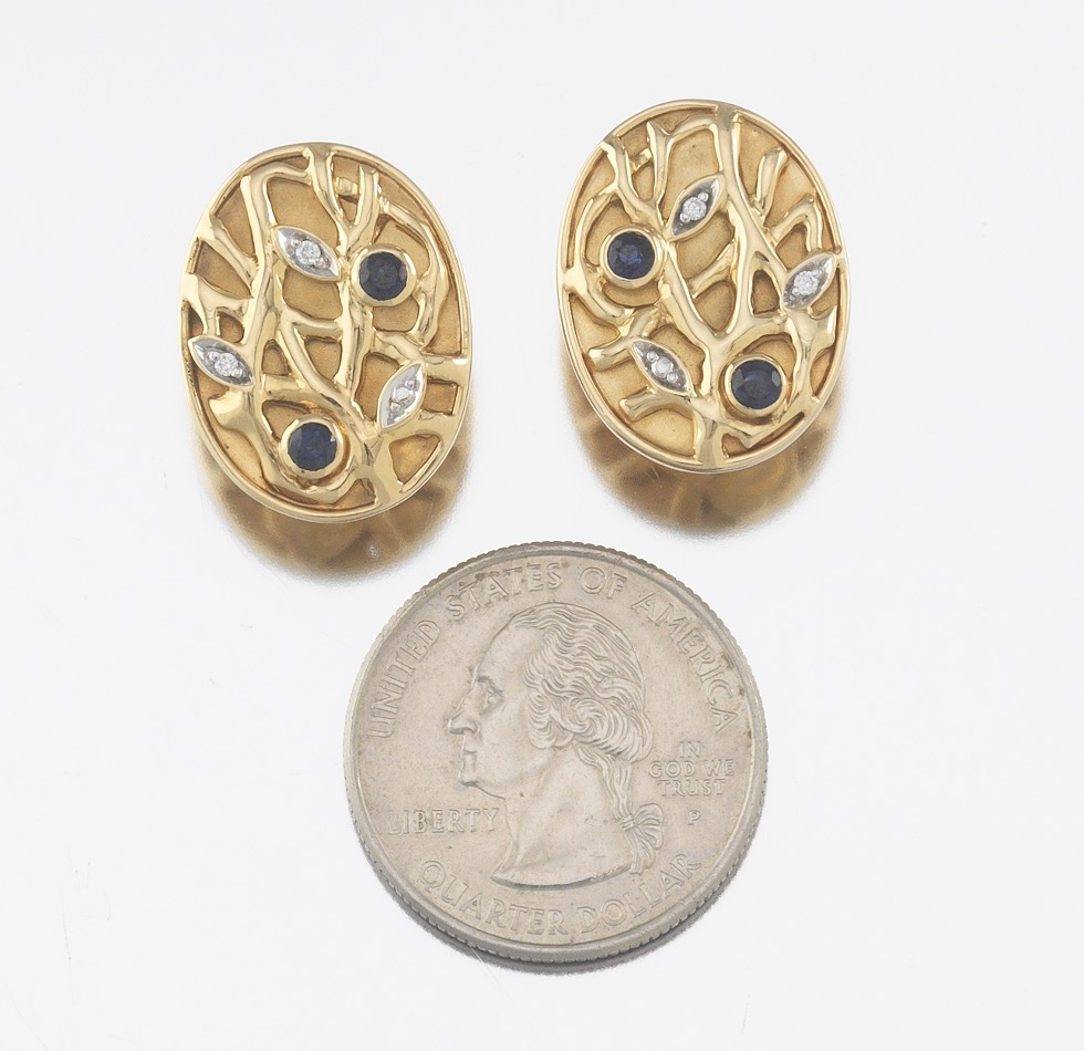 Pair of Gold, Sapphrie and Diamond Oval Foliate Earrings - Image 2 of 7