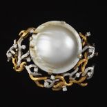 Ladies' Pearl, Two Tone Gold and Diamond Brooch