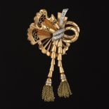 Ladies' Retro Gold and Diamond Articulated Bow with Tassels Pin/Brooch