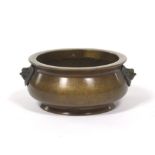 Chinese Patinated Bronze Vessel with Foo Lion Handles, by Yu Tang Qing Wan