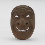 Japanese Brown Enamelled Clay Signed Netsuke of Spirit Mask
