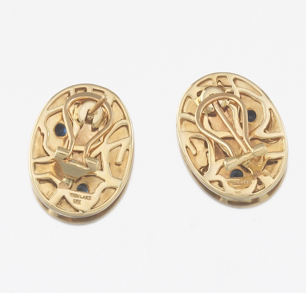 Pair of Gold, Sapphrie and Diamond Oval Foliate Earrings - Image 7 of 7