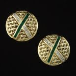 Ladies' Vintage Gold, Emerald and Diamond Pair of "X" Design Button Earrings