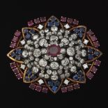 Antique Gold, Diamond, Ruby and Sapphire Brooch