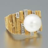 Modernist Gold, Pearl, and Diamond Ring