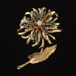 Ladies' Dan Frere Gold, Blue Sapphire, Emerald and Diamond Floral Pin/Brooch