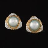 Pair of Mabe Pearl, Diamond and Gold Earrings