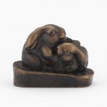 Japanese Patinated Bronze Signed Netsuke of Two Frolicking Hares